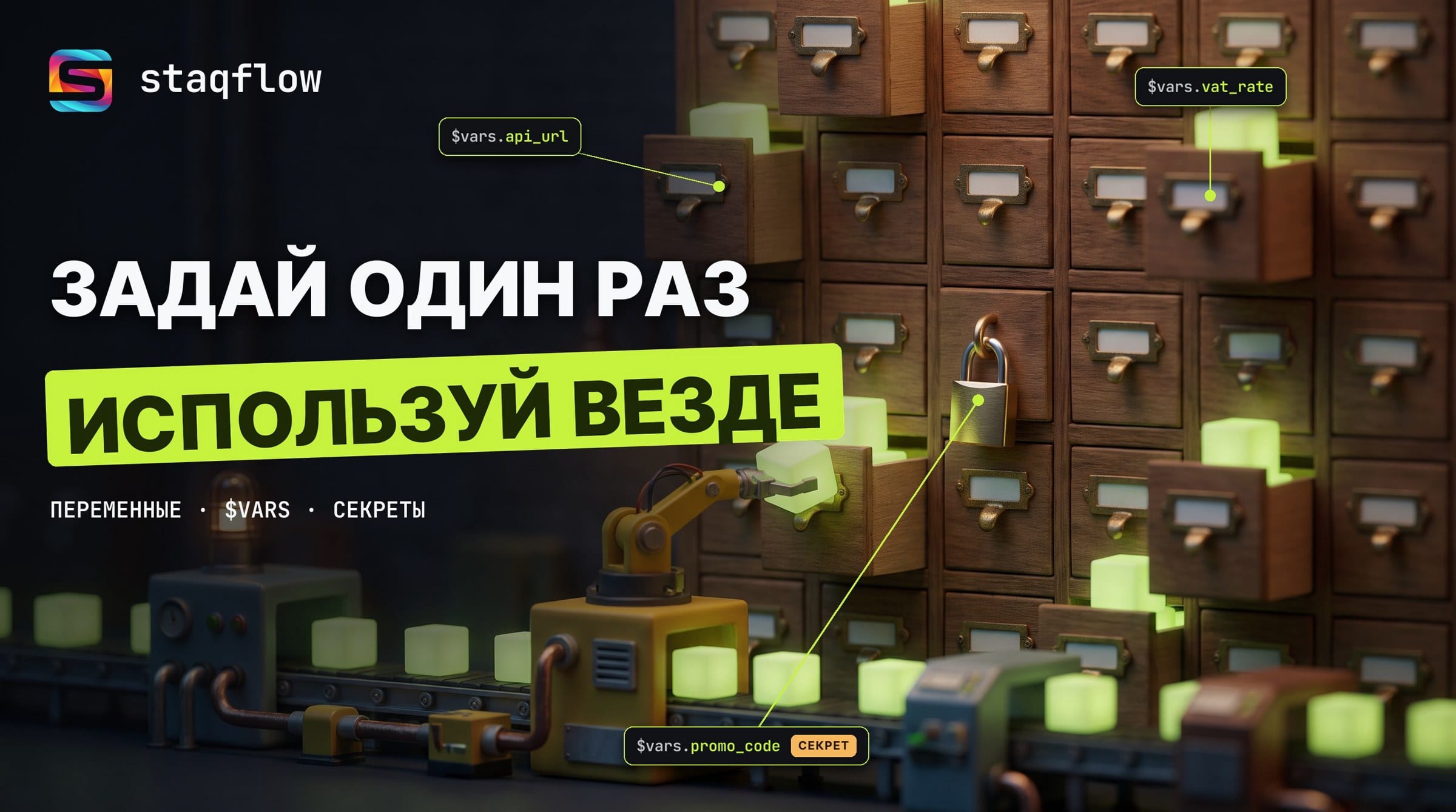 Переменные в workflow Staqflow: $vars, секреты и выражения для автоматизации без копипаста